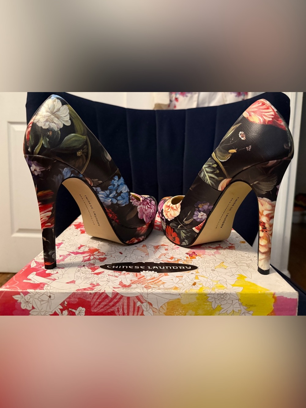 Chinese Laundry Floral Stiletto Pumps in Black with Multicolor Blooms